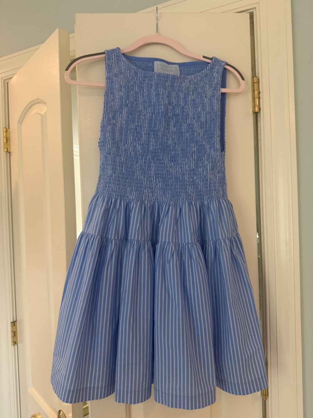 Hill House Blue Striped Smocked Mini Dress